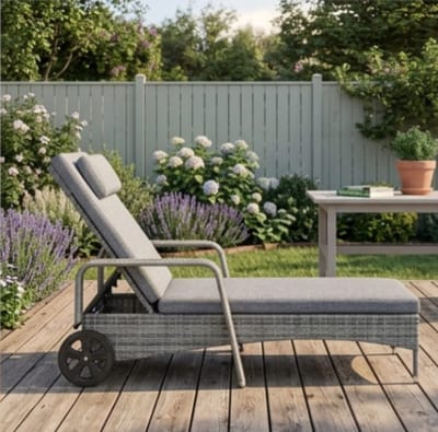 Ligstoel 200x70x33 cm Poly Rotan met Wielen en Kussens – 6 Standen Verstelbaar Zonnebed voor Tuin, Terras & Balkon – Weerbestendig Luxe Ligbed – Grijs/Lichtgrijs – Bella