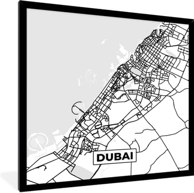 Fotolijst incl. Poster Zwart Wit- Kaart - Dubai - Zwart Wit - Stadskaart - Plattegrond - 40x40 cm - Posterlijst