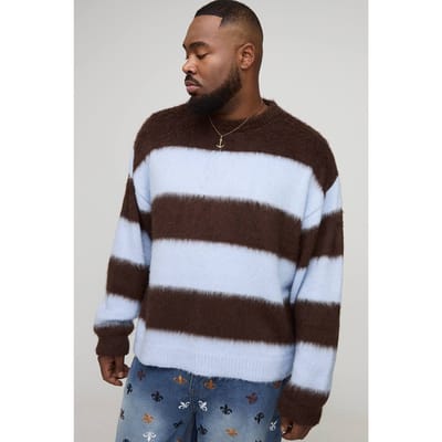 Plus Oversized Boxy Crew Neck Brushed Knit Chunky Stripe Jumper | Chocolate | Size 2XL