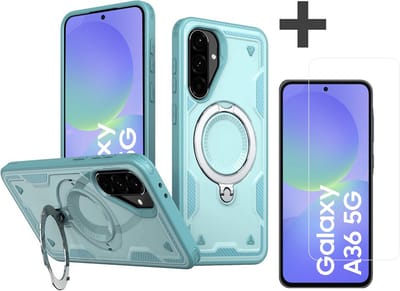 Hoesje Geschikt voor Samsung Galaxy A36 met gehard glas Screenprotector - Armor hoes met Ringhouder - Arara backcover - Lake Blauw