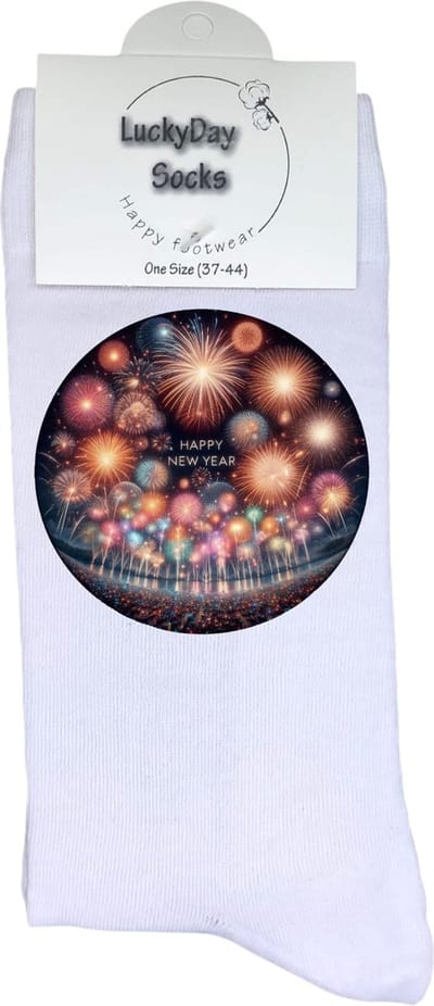 Nieuwjaar Sokken - Oud en nieuw - Vuurwerk - Witte sokken - Verjaardags cadeau vrouw en man - vrolijke sokken - Kerst cadeau - grappige sokken - leuke dames en heren sokken - moederdag - vaderdag - Sokken waar je vrolijk van wordt - maat 37-44