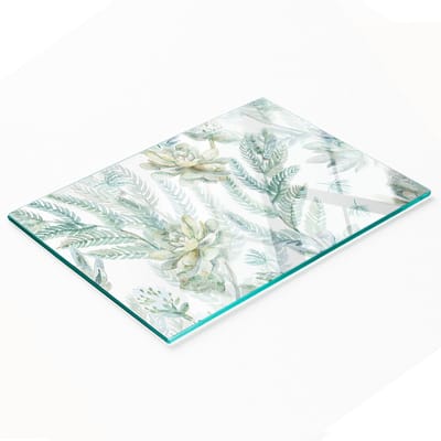 Glazen serveerplank met grafische bloemen en bladeren, 80x52 cm