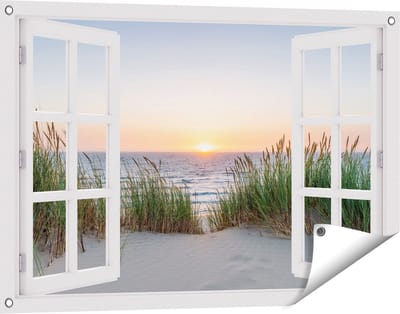 Gards Tuinposter Doorkijk Zee vanuit Duinen met Zonsondergang - 90x60 cm - Tuindoek - Tuindecoratie - Wanddecoratie buiten - Tuinschilderij