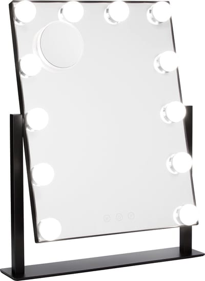 Behave Hollywood Make Up spiegel met Verlichting - 12 LED bronnen - 3 Kleurstanden - Dimbaar - Incl USB kabel - 10x precisie spiegel - 44 x 35 cm - Zwart