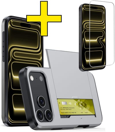 Hoesje Geschikt voor iPhone 17 Pro Hoesje Case Pashouder Hard Cover Met Screenprotector - Hoes Geschikt voor iPhone 17 Pro Hoesje Met Kaarthouder - Grijs