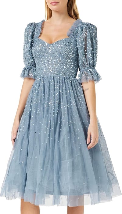 Elegante Dames Midi Jurk met Pailletten, Ruches en Pofmouwen voor Feestelijke Gelegenheden
