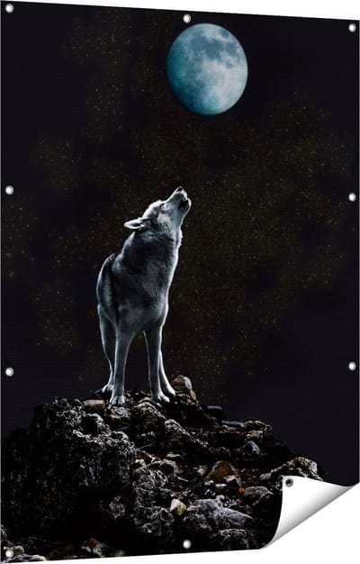 Gards Tuinposter Wolf Huilt naar de Volle Maan - 90x120 cm - Tuindoek - Tuindecoratie - Wanddecoratie buiten - Tuinschilderij