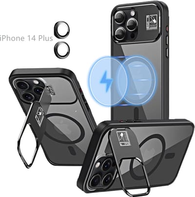 Hoesje voor iPhone 14 Plus met Standaard, Compatibel met MagSafe, Acryl + TPU Case, Hoes ingebouwde Stash Stand-telefoonhoes, Ultradun-Zwart
