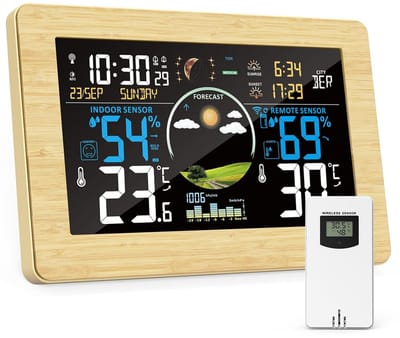 Weerstation met Buiten Sensor: Kleurendisplay voor Temperatuur, Luchtvochtigheid, Barometer & Weersvoorspelling