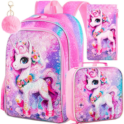 3 STuks Eenhoorn Rugzak voor Meisjes, 16  Pailletten Kinder Boekentas en Lunchbox, Kleuter Rugzakken voor Basisschool. pink