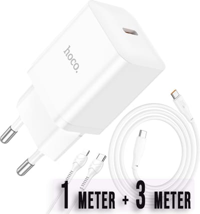 Hoco 20W Snellader + Kabels - Wit - USB C Stekker met 2x Kabels Geschikt voor Telefoon en Tablet - PD & QC Oplader Inclusief 1m + 3m Type-C naar Type-C Kabel
