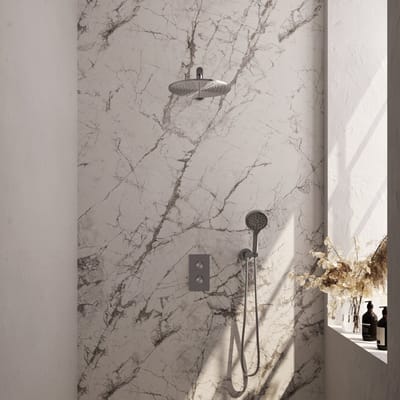 Brauer Brushed Edition thermostatische inbouw regendouche 3-weg omstelling SET 32 met 30 cm douchekop en rechte muurarm en 3-standen handdouche en doucheslang en wandaansluitbocht RVS geborsteld PVD