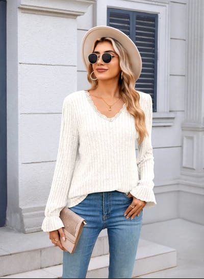 ASTRADAVI Casual Chic - Frayed Stripe Dames V-Hals Blouse - Stijlvolle Top met Geplooide Mouwen - Off White / X-Large