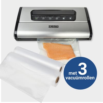 DESQ® 8090 Premium RVS Vacuümmachine - Vacumeerapparaat - Set met 3 Vacuümrollen - Dubbele Pomp - 7 Programma's - Inclusief Rolhouder & Snijder - Sous Vide - -90 kPa