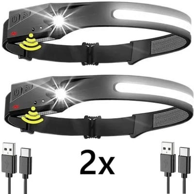 TLVX 2 stuks Felle LED Hoofdlamp met Oplaadbare Accu – Werklampen – Hoofd LED Lampen 350 Lumen – Outdoor – Waterproof – Aan/Uit Sensor – Rubberen hoofdband – Confortabel lichtgewicht Looplamp COB LED en LED Chip– inclusief accu's en laadkabels