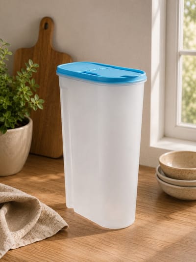 Keeper Voorraadbus met Schenkdeksel - Bewaarcontainer voor Droge Voeding - 24 x 20,5 x 11,5 cm - Wit/Blauw - 5 Liter