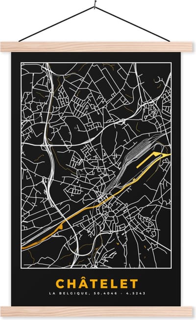 Posterhanger incl. Poster 40x60 cm - Schoolplaat - Châtelet - Kaart - Goud - Plattegrond - Stadskaart - Textielposter - Blanke latten - Stadskaart
