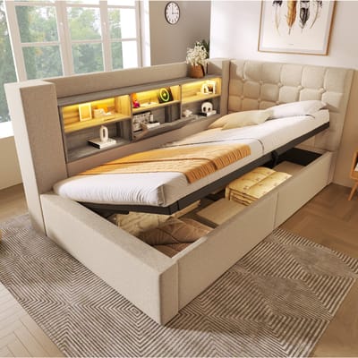 Beige linnen gestoffeerd bedframe 90x200 cm met LED-verlichting, hydraulische opbergruimte en L-vormig verstelbaar hoofdeinde