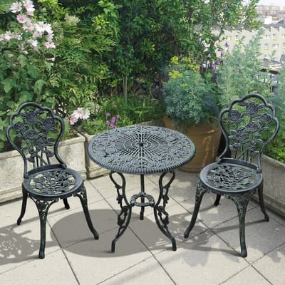 MODFU Loungeset Tuin 3-Delig 2-Persoons Antieke Stijl Metaal Groen – Balkonset met Tafel Ø60 cm & Stoelen, Weerbestendig Terrasmeubel