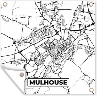 Tuin poster Kaart - Plattegrond - Frankrijk - Mulhouse - Stadskaart - Zwart wit - 200x200 cm - Tuindoek