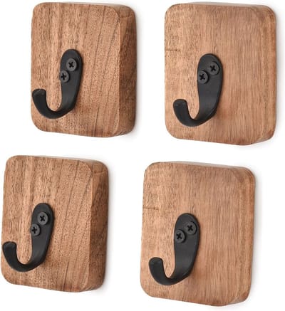 Rustieke Acacia Houten Wandhaken voor Jassen, Kleding, Hoeden en Tassen - 4 Stuks