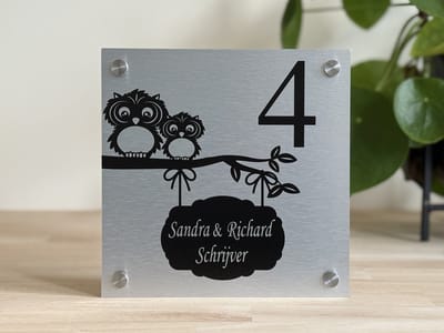 Naambordje / huisnummer voordeur uil 20x20cm met uithangbord rvs look