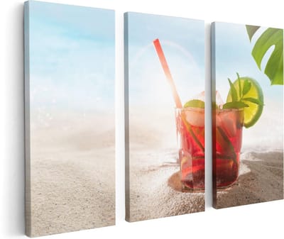 Artaza Canvas Schilderij Drieluik Cocktail Mix Drankje op het Strand  - 120x80 - Foto Op Canvas - Canvas Print