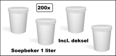 200x Soepbeker karton 1 liter met deksel wit - Soep salade beker festival warme dranken maaltijd carnaval