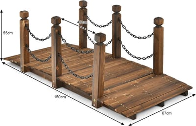 KOMFOTTEU Houten brug van sparrenhout, 150 x 67 cm x 55 cm, tot 180 kg belastbaar, tuinbrug met leuningen en kettingen, brug voor tuin, park en achtertuin