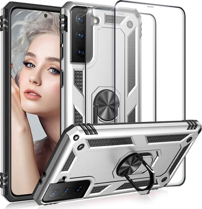 HB Hoesje Geschikt voor Samsung Galaxy S21 Plus Grijs - Anti-Shock Hybrid Armor Back Cover - Hoes met Kickstand Ring & 2X Volledige Display Screenprotector