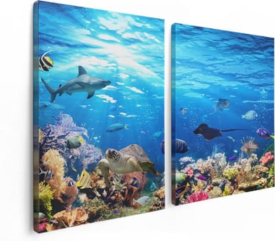 Artaza Canvas Schilderij Tweeluik Vissen met Koraalrif Onder Water - 120x80 - Foto Op Canvas - Canvas Print