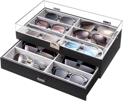 12 Slots Acryl Zonnebril Organizer met Transparante Deksel en Lade - 2 Laags Eyewear Opberghouder voor Meerdere Paren Zonnebrillen en Brillen