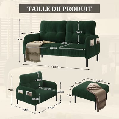REDOM - 3-Delige Loungeset - Diepe Zitting En Zijvak - Modern - Voor Woonkamer - Cordstof - Smaragdgroen - 67 x 75 x 79 cm