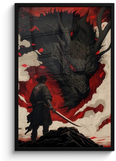 Poster in lijst - Fotolijst 60x90 cm - Posters - Krijger - Draak - Zwart - Rood - Rook - Posterlijst zwart - Decoratie - Wanddecoratie woonkamer - Muurdecoratie slaapkamer