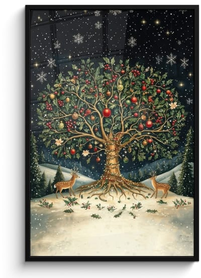 Poster in lijst - Fotolijst 80x120 cm - Posters - Feestboom - Winterhemel - Kleurrijk - Posterlijst zwart - Decoratie - Wanddecoratie woonkamer - Muurdecoratie slaapkamer - Kerstversiering - Kerstdecoratie voor binnen - Kerstmis