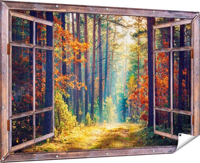 Gards Tuinposter Doorkijk Herfstbos met Zonneschijn - Kleur - 180x120 cm - Tuindoek - Tuindecoratie - Wanddecoratie buiten - Tuinschilderij