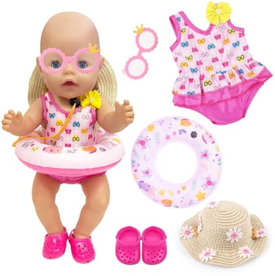 Dailygoods- Zwemset voor poppen - Vlinderbadpak - Zwemring (21 cm) - Zonnebril - Badschoenen - Roze zonnehoed - Poppenkleding