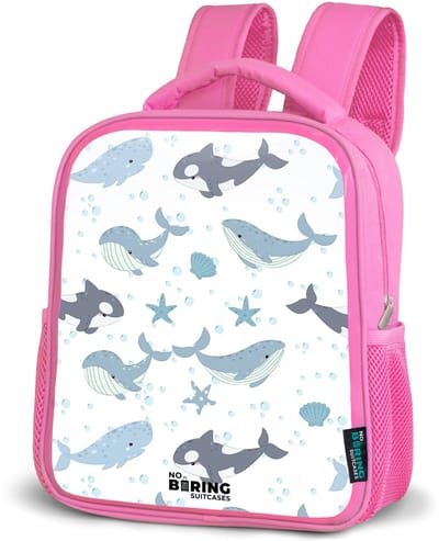 NoBoringSuitcases.com® - Rugzak roze - Schooltas meisjes - Walvissen patroon met schelpen blauw - Kinder rugtas meisje - Boekentas kind - Kinderrugzak voor school - Schoolrugzak