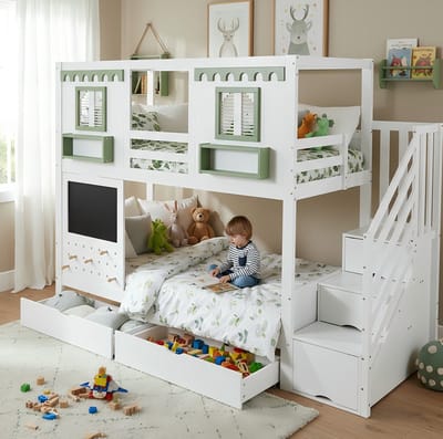 COVREO Stapelbed met trapopberging en 2 lades – 90x200 cm – Kinderbed met lattenbodem – voor kinderkamer – Wit Groen - zonder matras