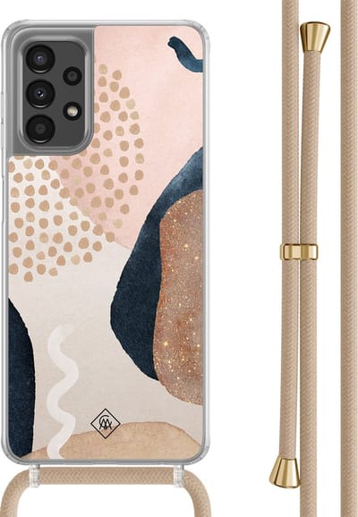 Casimoda® hoesje met beige koord - Geschikt voor Samsung A13 4G - Abstract Dots - Afneembaar koord - TPU/polycarbonaat - Bruin/beige