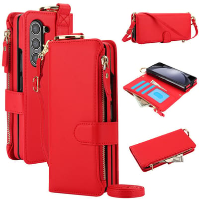Crossbody Portemonnee Telefoonhoesje Voor Samsung Galaxy Z Fold 6 5 4 3 Fold6 Fold5 Fold4 Fold3 5G Kaartsleuf Ringhouder PU Lederen Cover Galaxy Z Fold 4 red