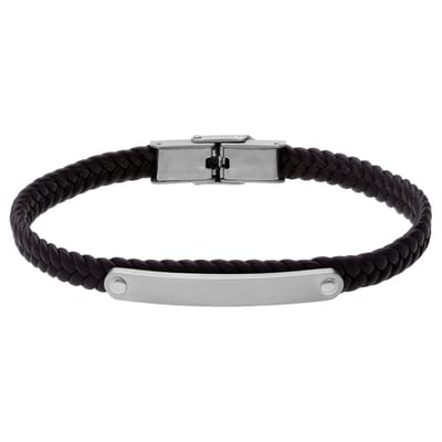 Lucardi - Heren Stainless steel herenplaatarmband gevlochten leer bruin - Armband - Staal - Zilverkleurig - 20 cm