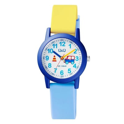 Q&Q VS49J010Y - Horloge - Analoog - Kinderen - Unisex - Plastic band - Rond - Cijfers - Kunststof - Sport - Lichtblauw - Geel - Blauw - Wit - 10 ATM