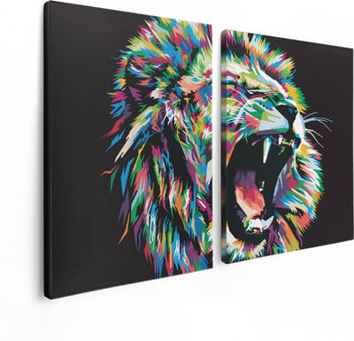 Artaza Canvas Schilderij Tweeluik Gekleurde Leeuw - Leeuwenkop - Abstract - 120x80 - Foto Op Canvas - Canvas Print