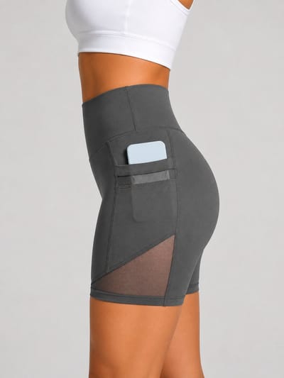 SparkNine Meshflex dames short - met zakken - stijlvolle mesh - XL - grijs - hoge taille - ademend - fitness short - korte broek