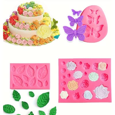 Lot de 3 moules en silicone pour pâtisserie, en forme de rose, de fleur, d'arc, de feuilles, pour retourner des gâteaux, accessoires de décoration au chocolat 3pcs pink