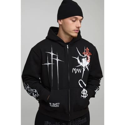 Zwarte oversized boxy hoodie met graffiti tattoo print en ritssluiting | Black | Size XS