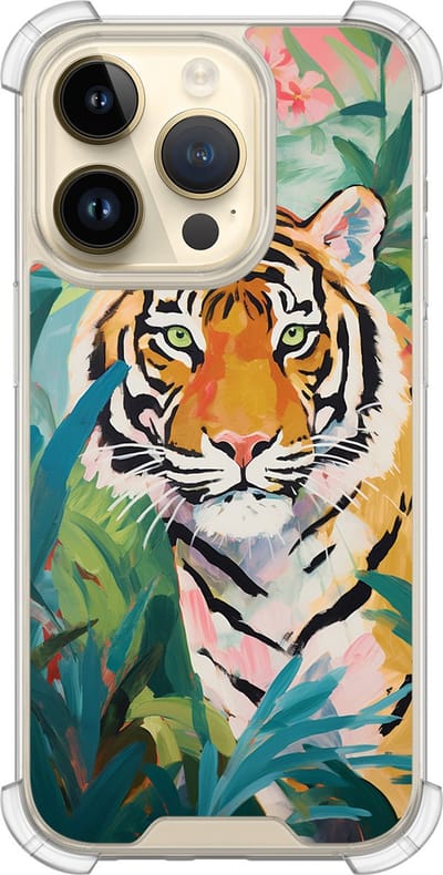 Shockproof hoesje - Geschikt voor iPhone 14 Pro - Tijger in de jungle - Extra sterke case - TPU/polycarbonaat - Print / Illustratie - Multi, Transparant