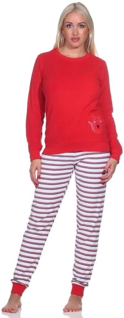 Dames badstof pyjama, broek gestreept, top met schattig dierenmotief - ook in oversize