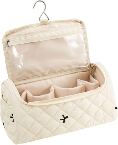 Beige Opbergtas voor Haardroger en Krultang - 32x15x15 cm Reistas voor Make-up en Verzorgingsproducten - Polyester Katoen Cosmetica Organizer met Borstelvak